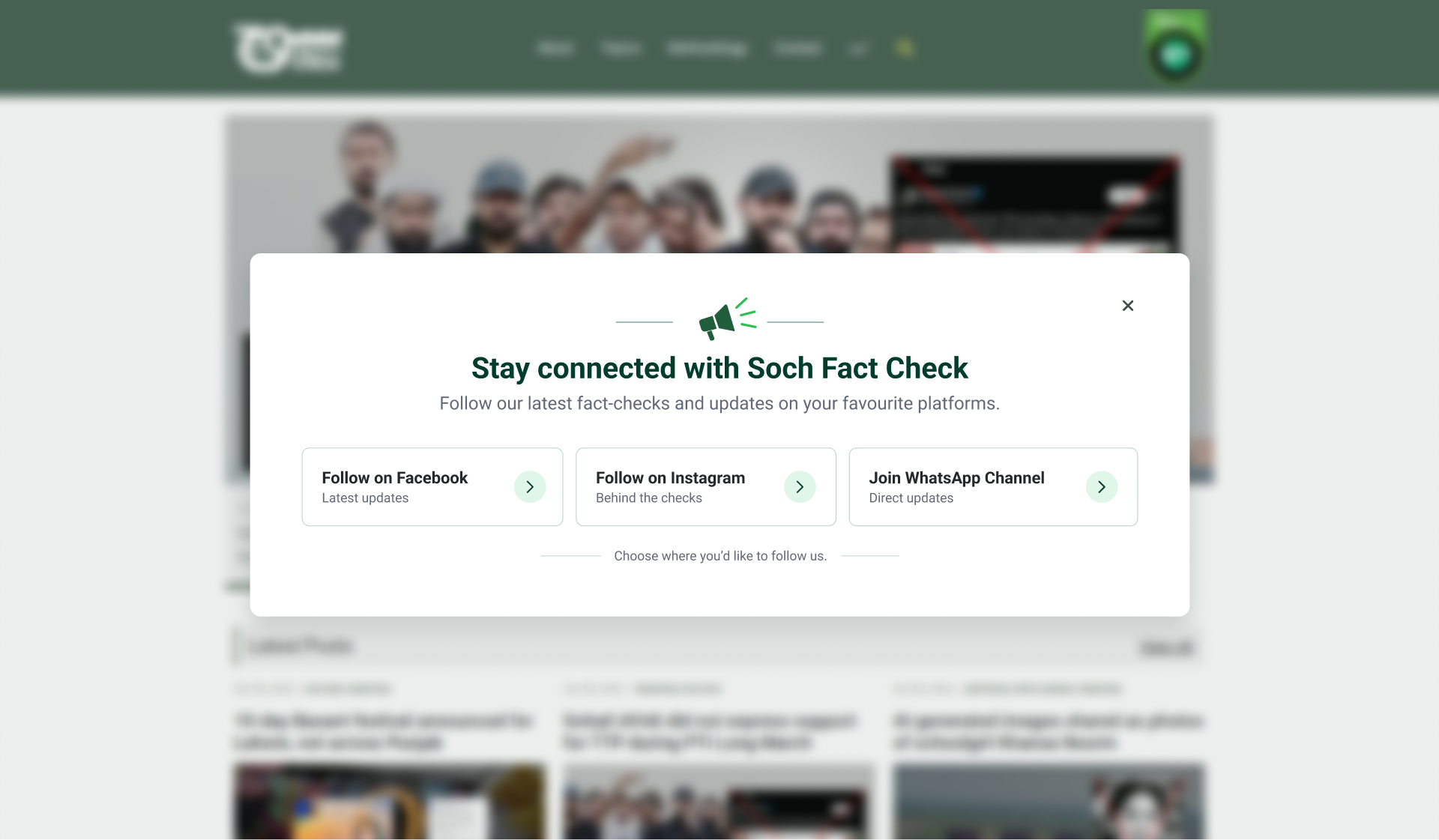 On Popup: a centered dialog inviting readers to follow Soch Fact Check on Facebook, Instagram, or WhatsApp.