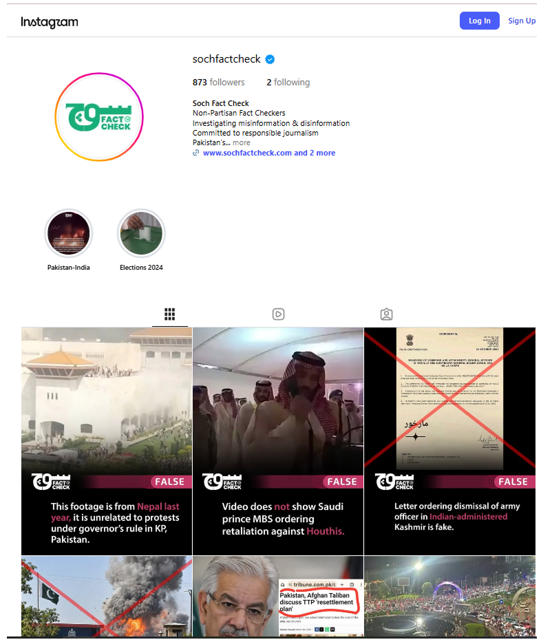 Soch Fact Check Instagram profile and its grid of fact-check posts.