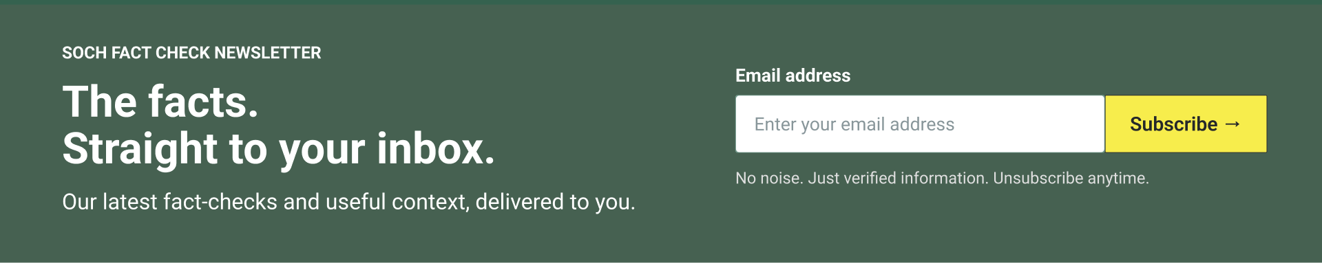 Option 1: green newsletter banner with white text and a yellow subscribe button.