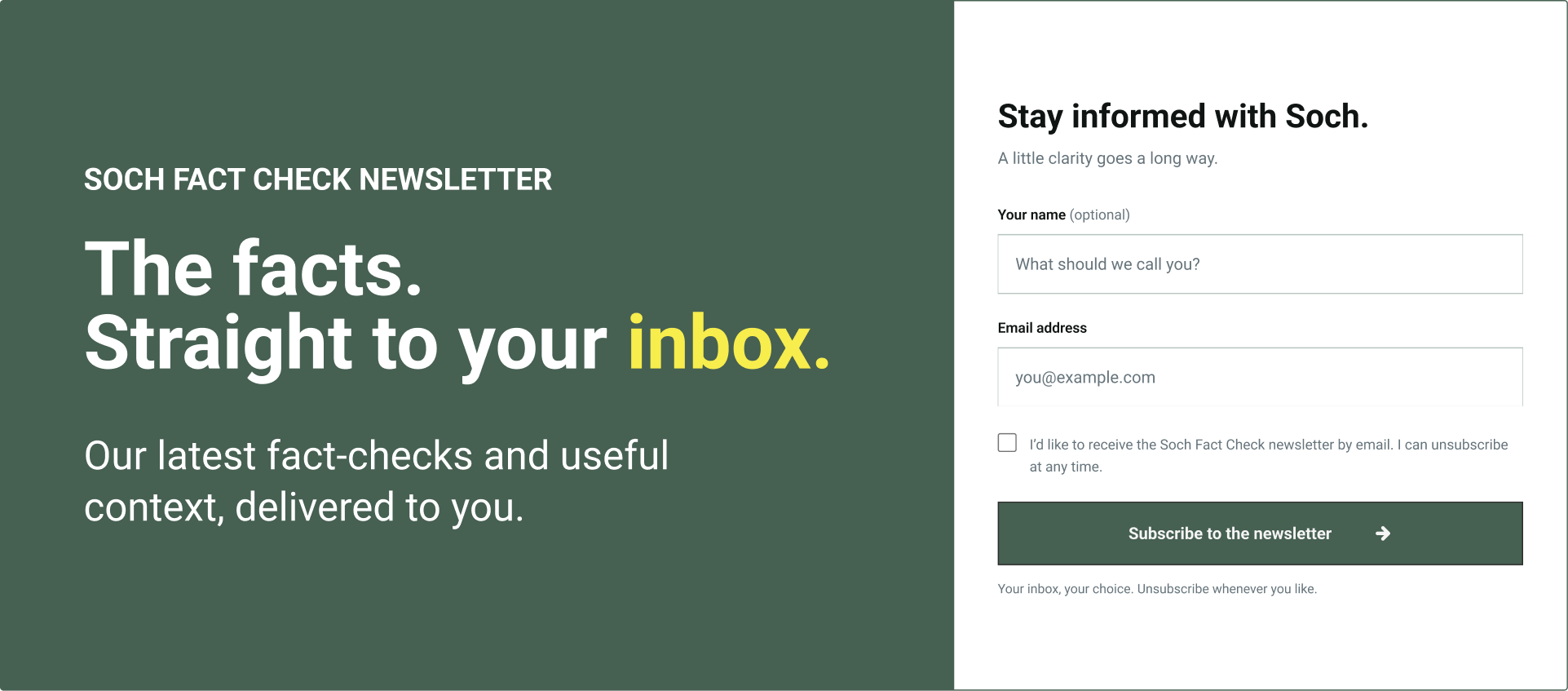 Option 3: a split green and white newsletter panel with a name field, email field, consent checkbox, and subscribe button.